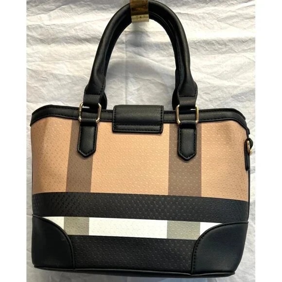 Brown & Black Handbag With Gold Accents Magnetic Snap & Crossbody Strap 8”x11” - Picture 2 of 6